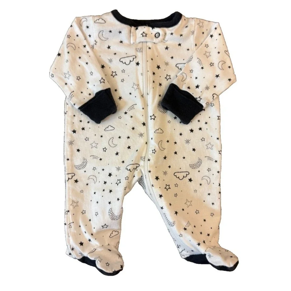 Preemie Baby Boy Girl Unisex Sleeper Moon Stars Black White Zipper Outfit Romper
